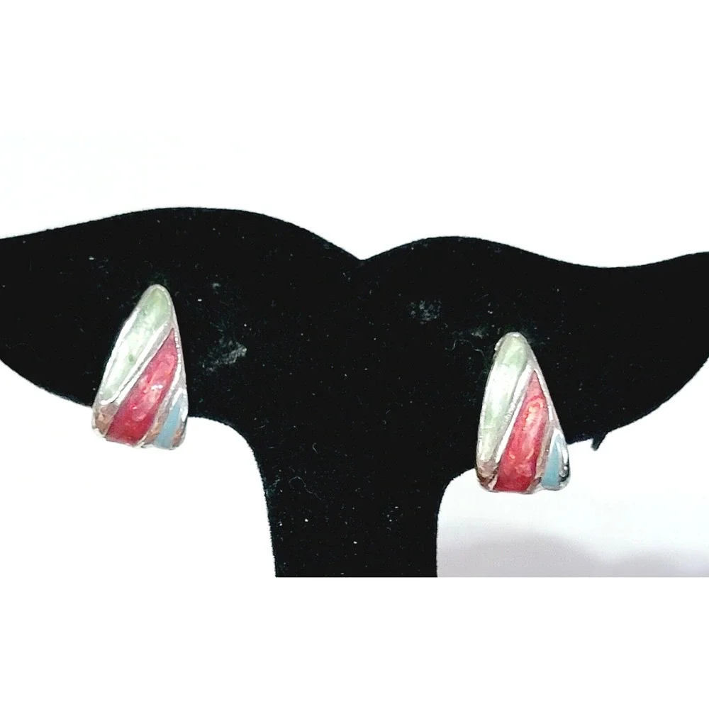 Vintage Aqua Red Enamel Pierced Earrings,‎ 3/4